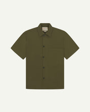 Front flat view of olive-green buttoned organic cotton lightweight short sleeve shirt from Uskees.