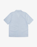 Back view flat shot of Uskees blue, gold and white striped cuban shirt for men.