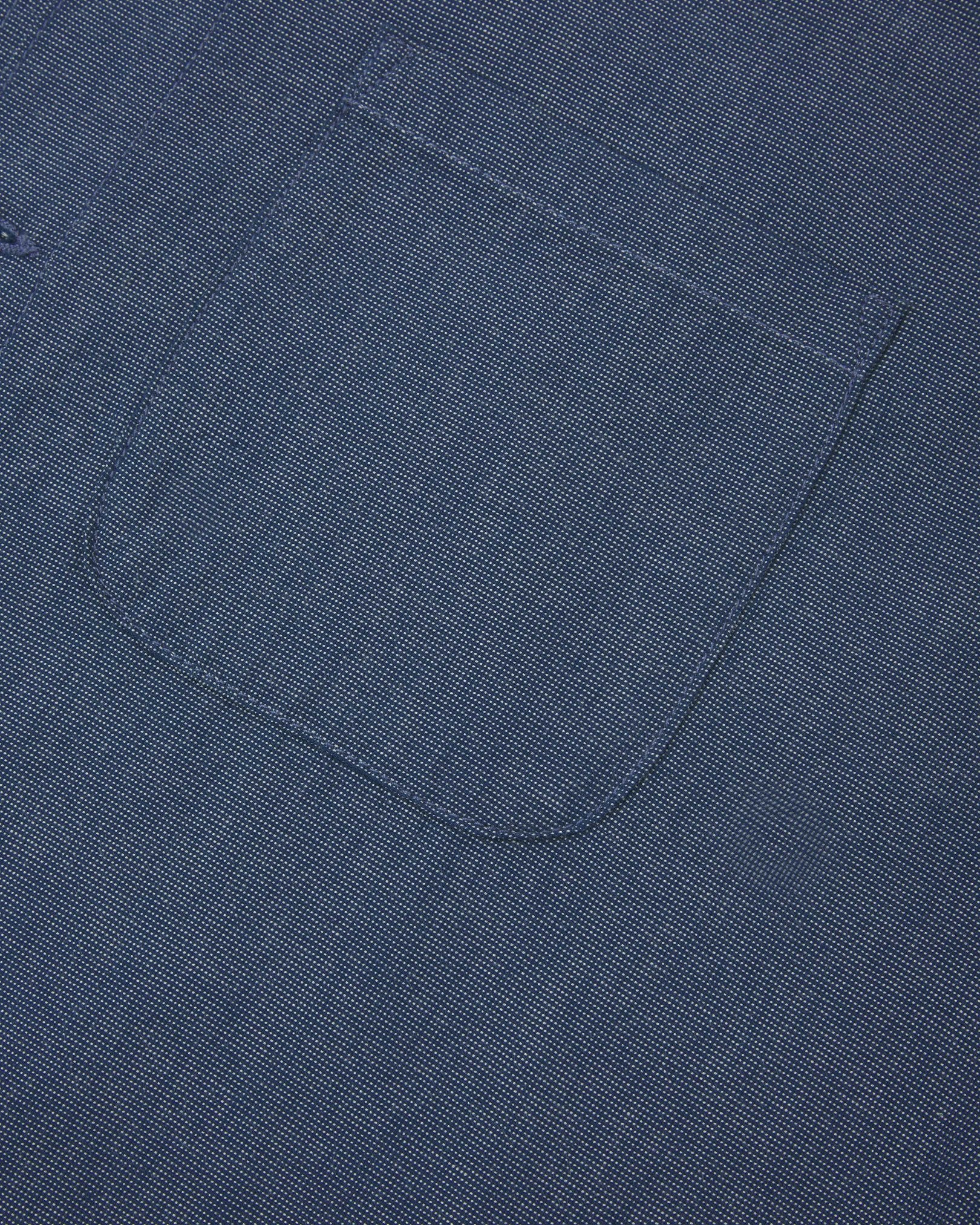 Close-up view of breast pocket of the 6006 Oxford shirt from Uskees. Also presented is a closer view of the texture of the Oxford chambray cloth.