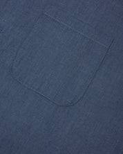 Close-up view of breast pocket of the 6006 Oxford shirt from Uskees. Also presented is a closer view of the texture of the Oxford chambray cloth.