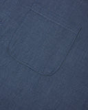 Close-up view of breast pocket of the 6006 Oxford shirt from Uskees. Also presented is a closer view of the texture of the Oxford chambray cloth.
