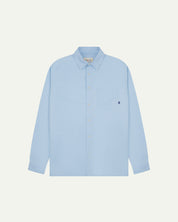 Flat front view of sky blue organic cotton Oxford shirt from Uskees. Clearly showing loose fit and 8-button front.