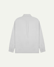 Flat back view of white organic cotton Oxford shirt from Uskees with view of open pleat and longer rear hem so it can be tucked in more easily.