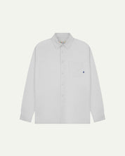 Flat front view of white organic cotton Oxford shirt from Uskees. Clearly showing loose fit and 8-button front.