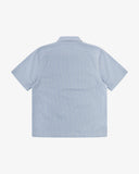 Reverse flat view of blue, gold and white striped cotton fabric short sleeve shirt from Uskees showing relaxed silhouette.