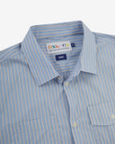 Close-up and angled front view of the 6007 Tasker shirt in blue, gold and white stripes showing the branding label, collar, hanging loop and buttons.