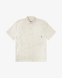 Front flat shot of Uskees cream linen blend short-sleeve shirt on a white background
