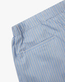 Back view close up shot of Uskees blue, gold and white striped shorts for men showing the left back pocket.