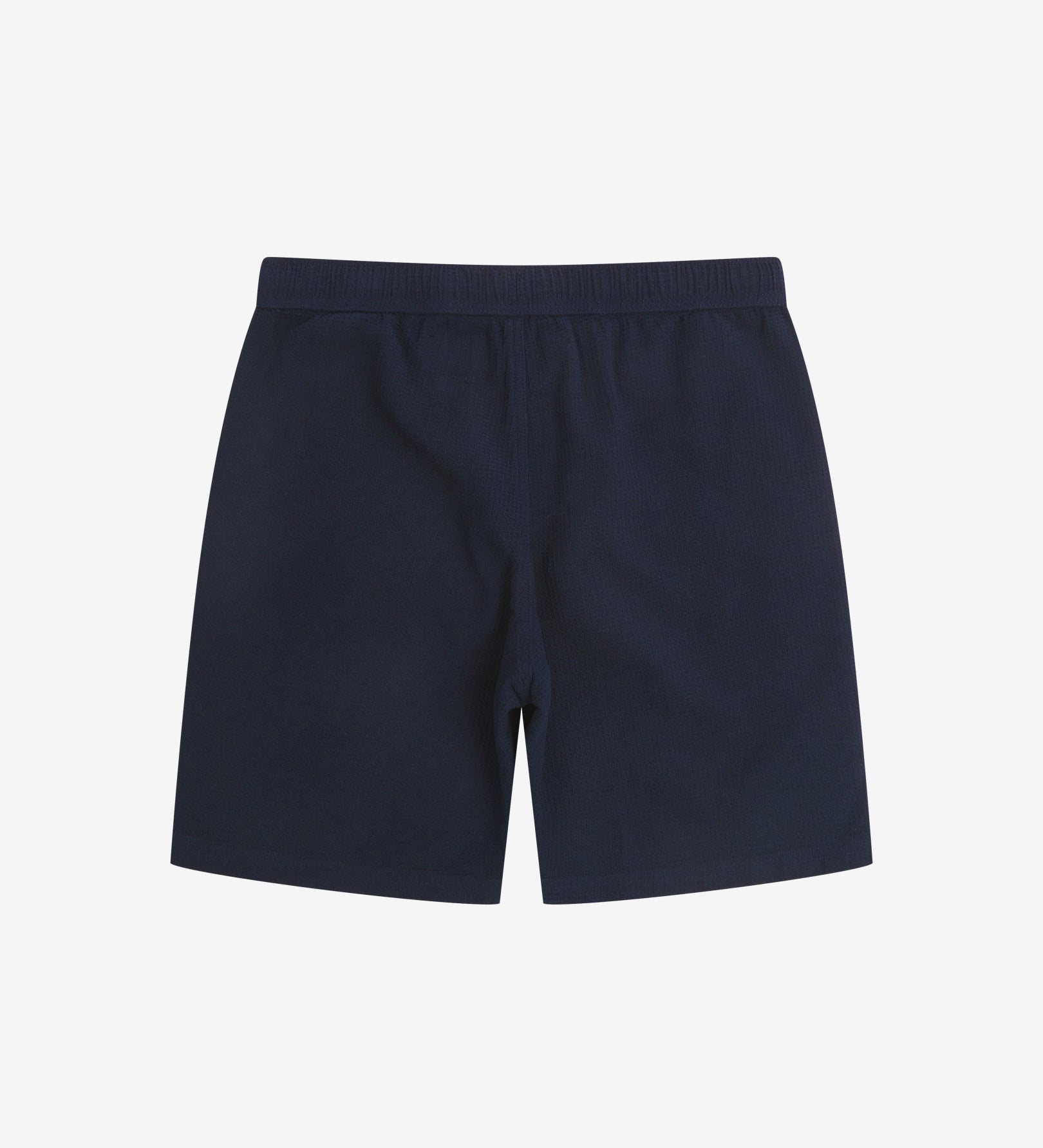 Back view of deep-blue #6009 waffle cotton shorts by Uskees with clear view of lightweight elasticated waistband.