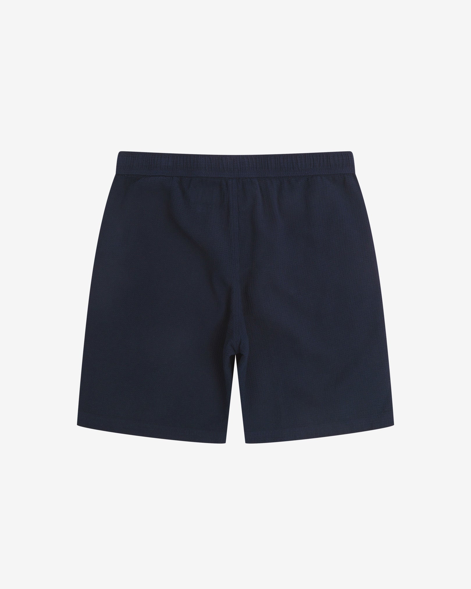 Back view of deep-blue #6009 waffle cotton shorts by Uskees with clear view of lightweight elasticated waistband.