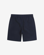 Back view of deep-blue #6009 waffle cotton shorts by Uskees with clear view of lightweight elasticated waistband.