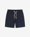 Front view of deep-blue #6009 waffle cotton shorts. Clear view of white drawstring, side pockets and small Uskees tag label.
