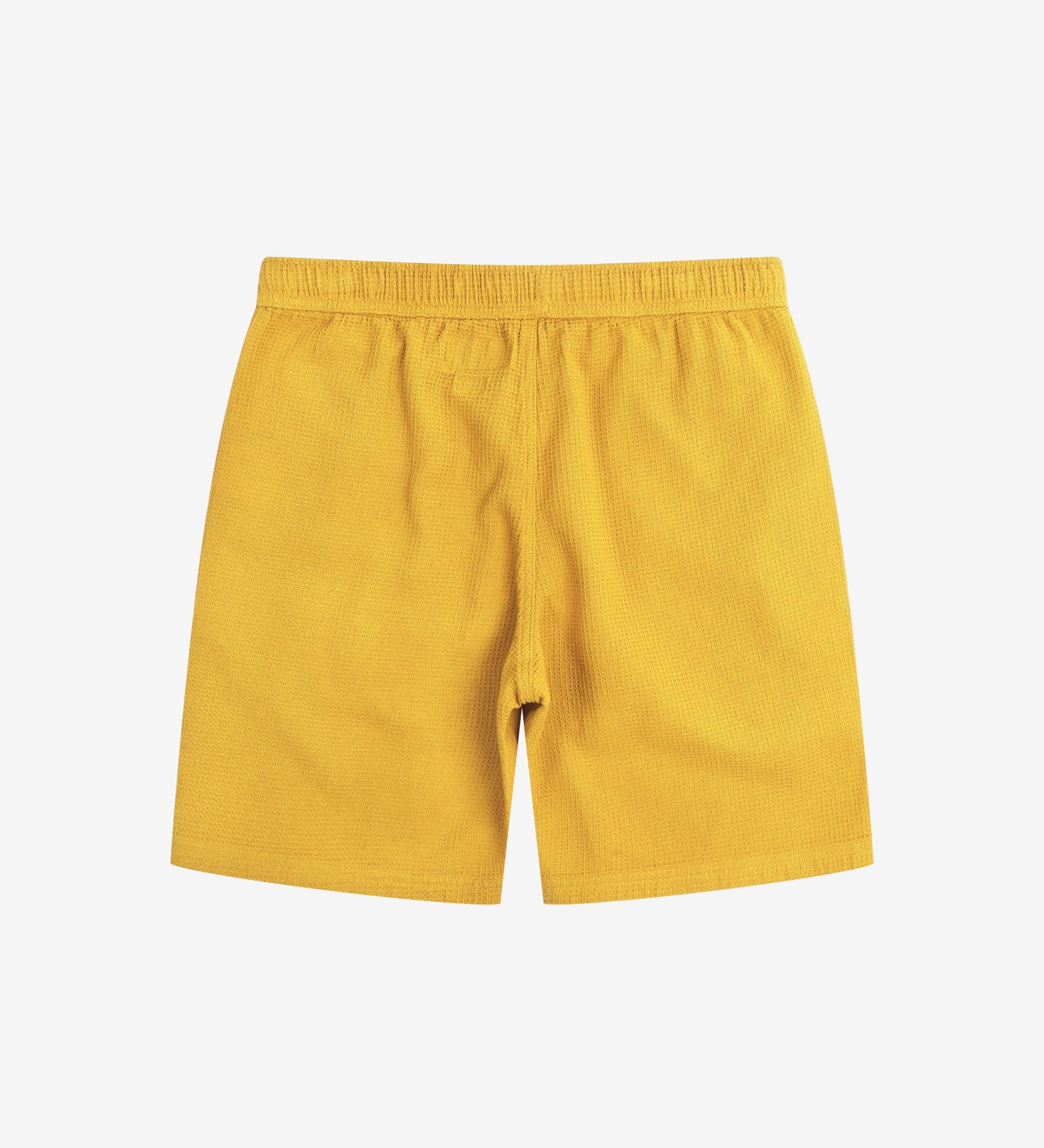 Back view of yellow #6009 waffle cotton shorts by Uskees with clear view of lightweight elasticated waistband.