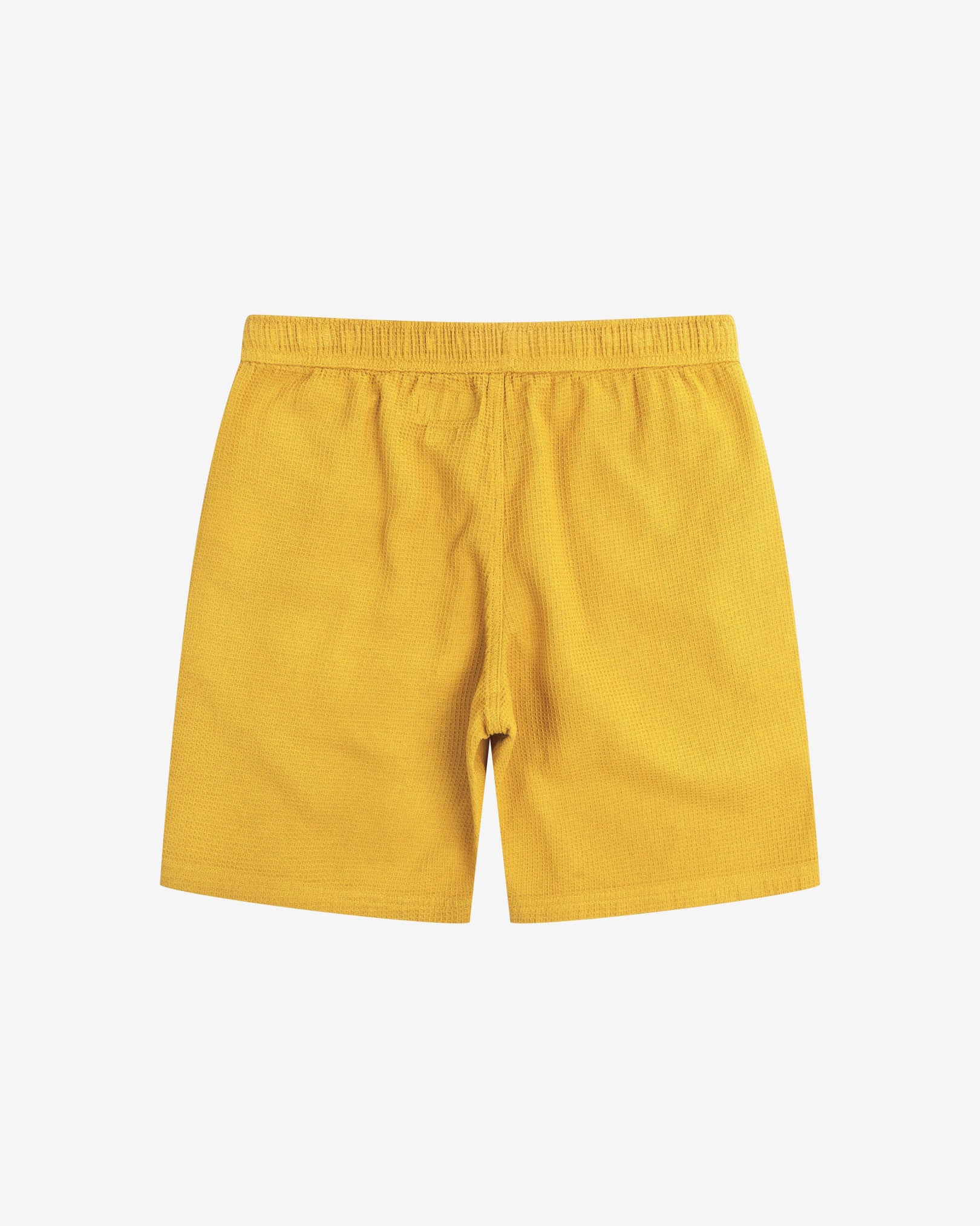 Back view of yellow #6009 waffle cotton shorts by Uskees with clear view of lightweight elasticated waistband.