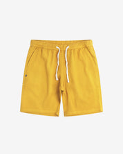 Front view of yellow #6009 waffle cotton shorts by Uskees. Clear view of white drawstring, side pockets and small Uskees tag label.