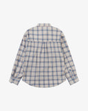 Back flat view of an Uskees blue pebble plaid lumberjack shirt for men showing the oversized fitting and the unbalanced hem.