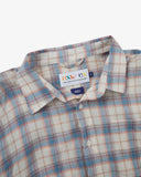 Uskees blue pebble plaid lumberjack shirt with a visible Uskees brand label at neck, hanging loop and multi coloured pattern.