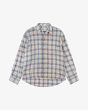 Front flat view of an Uskees blue pebble plaid lumberjack shirt for men showing the oversized fitting.