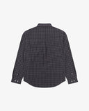Back flat view of an Uskees eastlands blue timber leah plaid shirt for men showing the oversized fitting and the unbalanced hem.