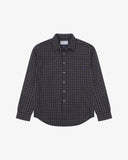 Front flat view of an Uskees eastlands blue timber leah plaid shirt for men showing the oversized fitting.