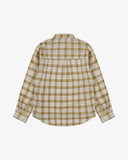 Back flat view of an Uskees sand pebble plaid lumberjack shirt for men showing the oversized fitting and the unbalanced hem.
