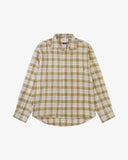 Front flat view of an Uskees sand pebble plaid lumberjack shirt for men showing the oversized fitting.