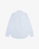 Back view of Uskees light blue and white striped men's Oxford shirt.