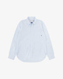 Front view of Uskees light blue and white striped men's Oxford shirt.