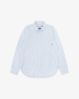 Front view of Uskees light blue and white striped men's Oxford shirt.