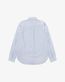 Back view of Uskees blue, gold and white striped men's Oxford shirt.