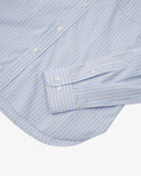 Uskees blue, gold and white striped men's Oxford shirt showing the buttons, cuff and pinstripe pattern.