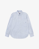 Front view of Uskees blue, gold and white striped men's Oxford shirt.