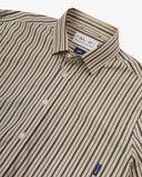 Close up view of Uskees cream and glade green terrace pinstripe men's advanced Oxford shirt with focus on collar and Uskees brand label.