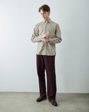 A man wearing a beige and green vertically striped button-down shirt, dark plum trousers, and dark brown leather shoes, standing against a light gray wall.