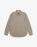 Front view of Uskees cream and glade green terrace pinstripe men's advanced Oxford shirt.