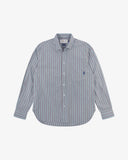 Front view of Uskees sky blue and claret terrace pinstripe men's advanced Oxford shirt.