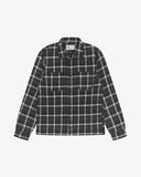 Front flat shot of an Uskees charcoal check long sleeved flannel shirt for men.