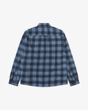 Back view of an Uskees navy check long sleeved flannel shirt for men.