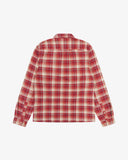 Back view of an Uskees red clay check long sleeved flannel shirt for men. 