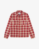 Front flat shot of an Uskees red clay check long sleeved flannel shirt for men.