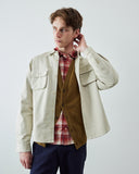 A male model wearing an Uskees off-white overshirt over a brown cardigan, a red and white plaid shirt, and navy blue trousers, standing against a light gray studio background.