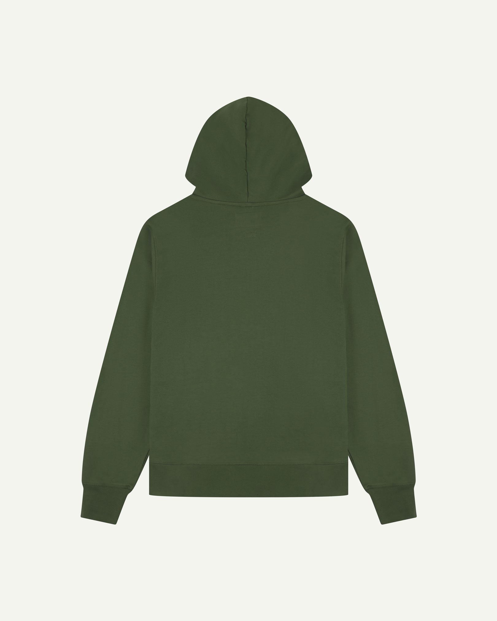 Back view of Uskees coriander-green organic cotton hoodie showing back of hood.