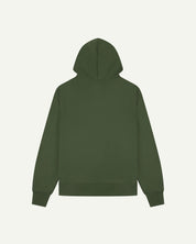Back view of Uskees coriander-green organic cotton hoodie showing back of hood.