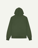 Back view of Uskees coriander-green organic cotton hoodie showing back of hood.
