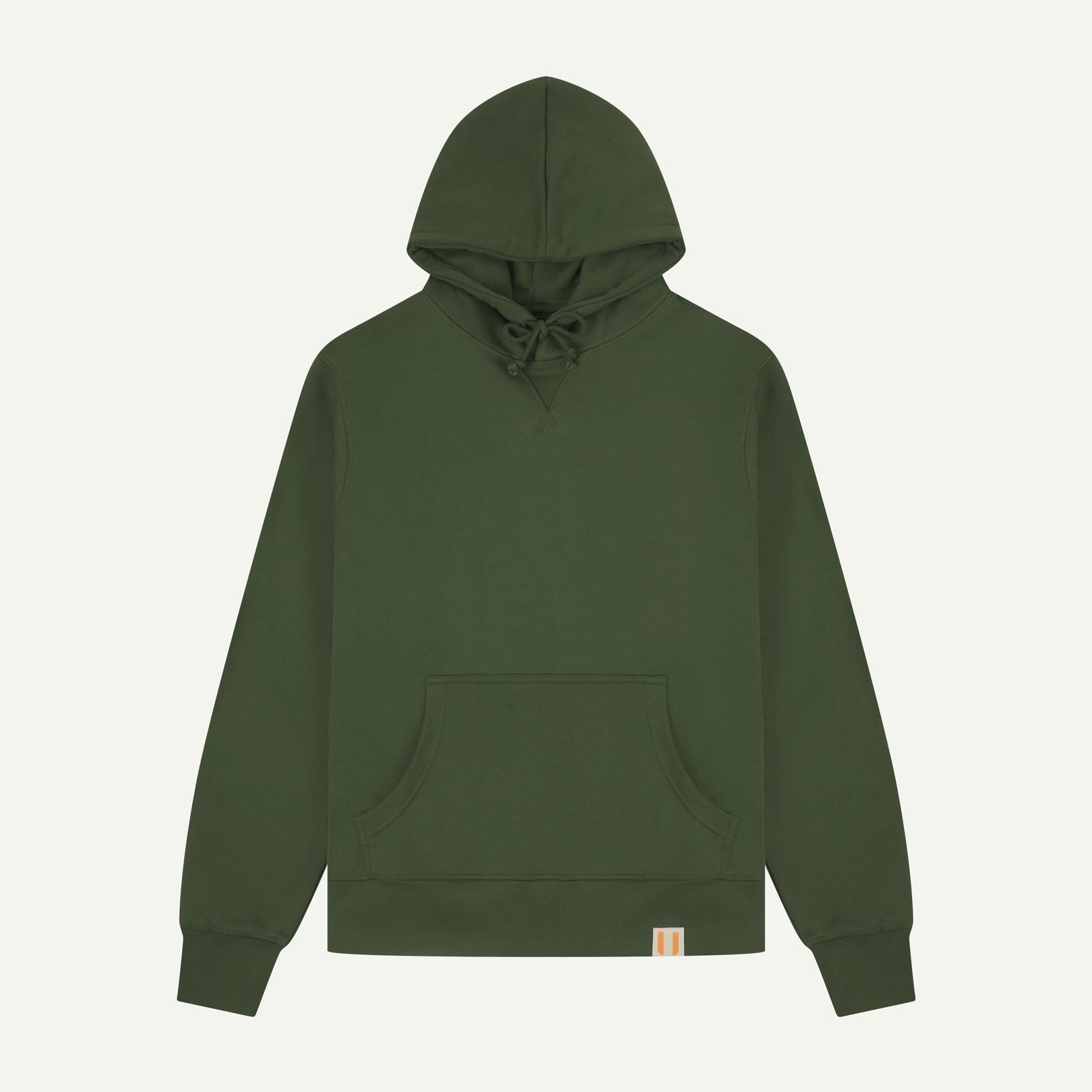 Front flat view of Uskees coriander-green hoodie showing brand logo and kangaroo front pocket.