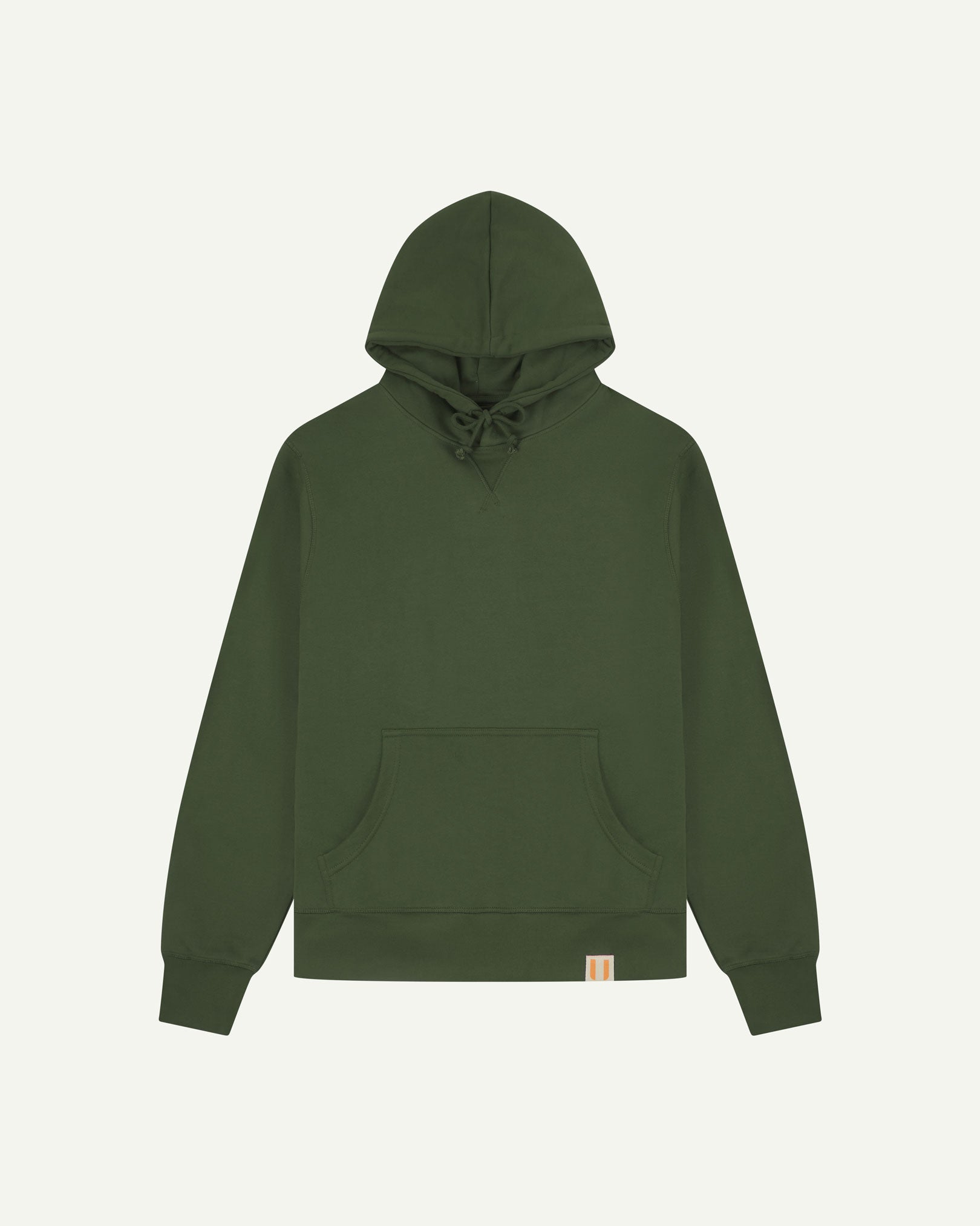 Front flat view of Uskees coriander-green hoodie showing brand logo and kangaroo front pocket.