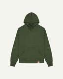 Front flat view of Uskees coriander-green hoodie showing brand logo and kangaroo front pocket.
