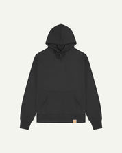 Front flat view of Uskees faded black 7004 hoodie sweater showing brand logo and kangaroo front pocket.