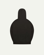 Back view flat shot of Uskees signature faded black men's hooded sweatshirt showing the hood.