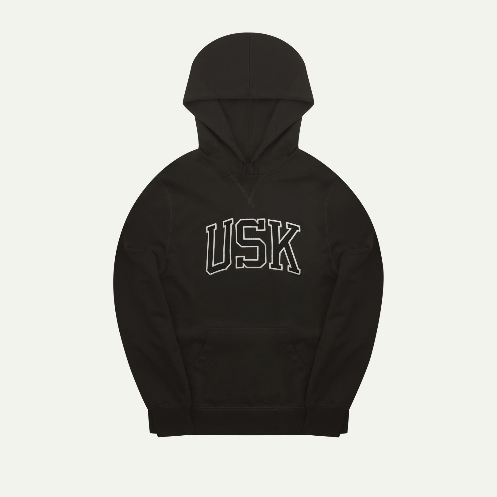 Front flat shot of Uskees signature faded black men's hooded sweatshirt showing the 'USK' logo and hood.